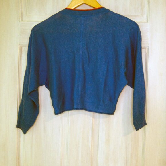 Blue Cropped Cardigan with Dolman Sleeves and Contrast Trim Size Small by Tulle - Picture 2 of 9